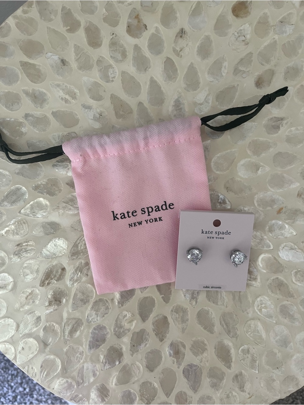 kate spade Pink Drawstring Jewelry Pouch with Clear Crystal Stud Earrings